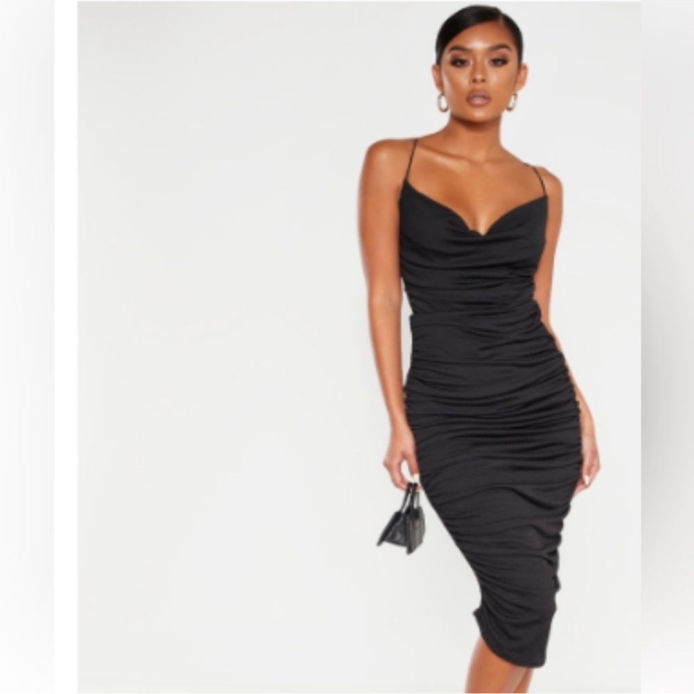 Black cowl neck midi dress.